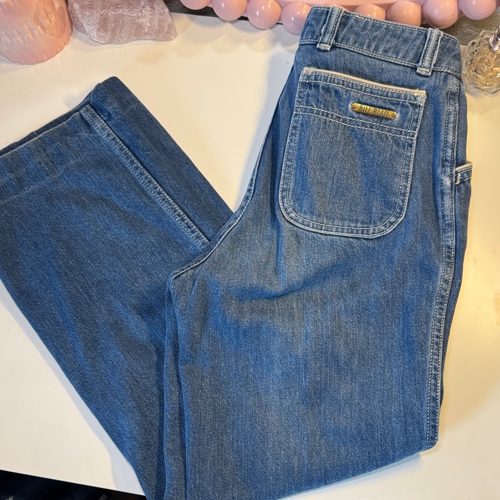 Vintage Bill Blass Blue Jeans with Leather Trim on Pockets 1990s High Waisted